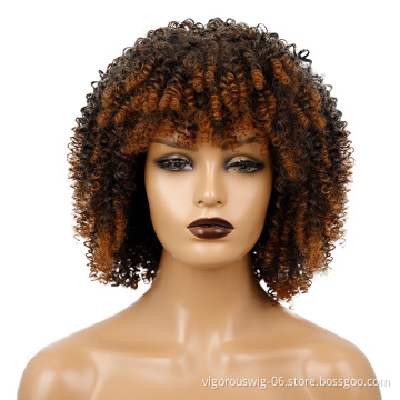 Women's High Quality Afro Kinky Cury Short Bangs Ombre Brown Color Bob Style Pixie Cut Wigs Synthetic None Lace Heat Resistant